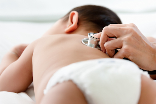 Pediatrics Doctor Examining Heartbeat And Lungs Of Little Baby Boy With Instruments Stethoscope, Hea